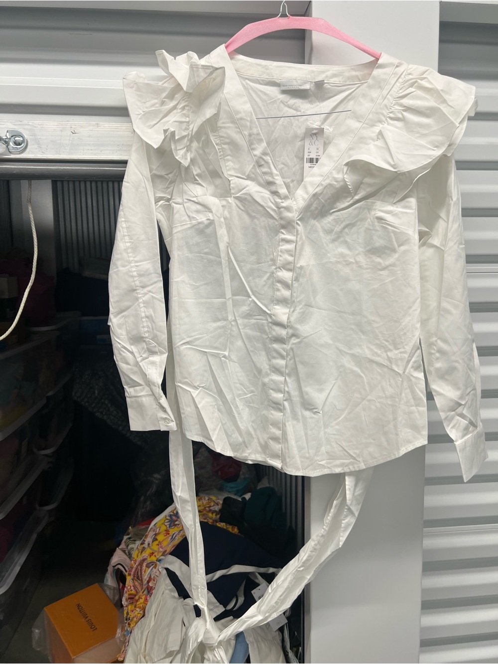 New York & Company White Ruffle Tie-Waist V-Neck Blouse